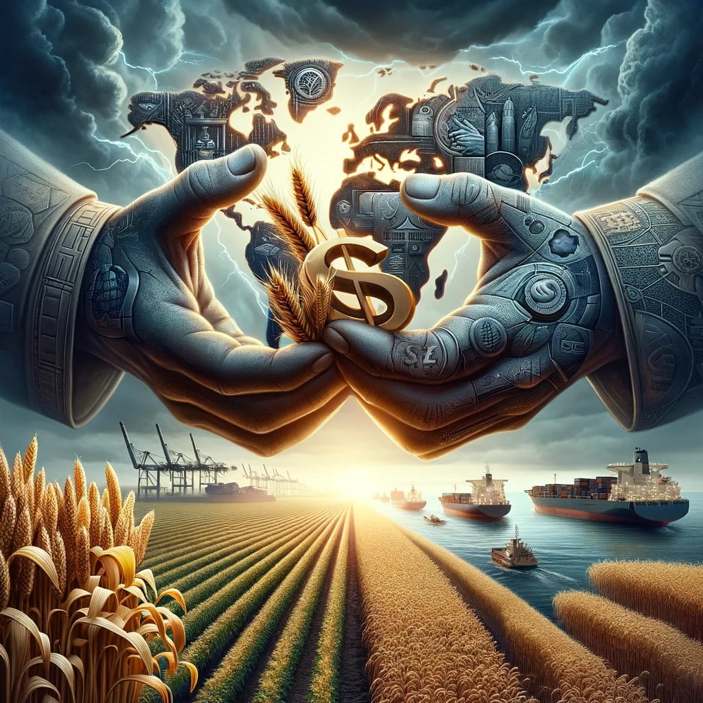 Symbolische Darstellung der globalen Agrarmarkt-Dynamiken mit Getreidefeldern, Handelssymbolen und Weltkarten in den Händen von Cyborgs. an der Cbot