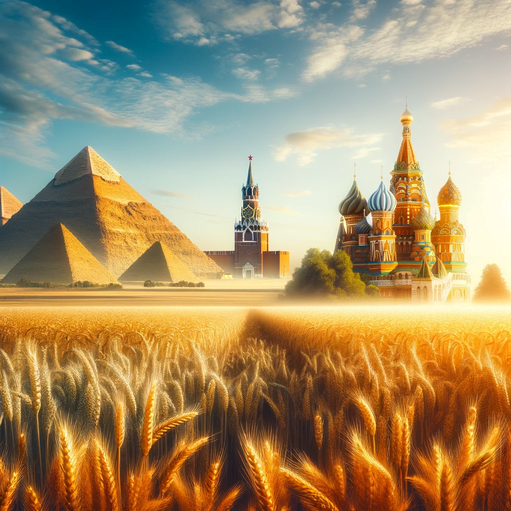 Ein Weizenfeld im Vordergrund mit den ägyptischen Pyramiden und dem russischen Kreml im Hintergrund, als Metapher für die Weizenausschreibung Ägyptens an Russland.