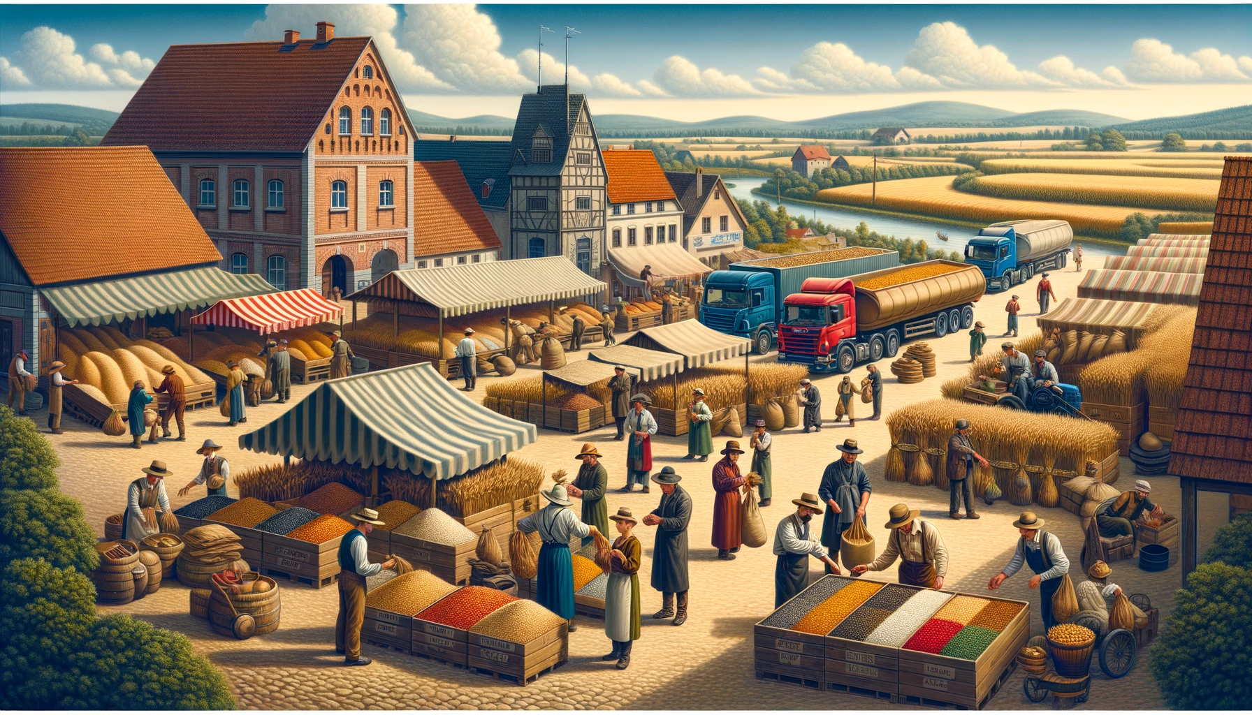Europäischer Agrarmarkt mit Händlern, die Getreide verkaufen, umgeben von traditionellen Gebäuden und modernen Lastwagen im Hintergrund, was die Verbindung von alter und neuer Agrarwirtschaft darstellt." Die Beschreibungen sollen sicherstellen, dass die Keywords wie "EU-Agrarmarkt", "Getreidehandel", "traditionelle Handelsmethoden", "moderne Landwirtschaft" und "Vielfalt im Agrarsektor" inhaltlich mit dem Text, der Metadescription und den Social Media Posts abgestimmt sind.