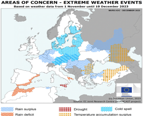 Interaktive Europakarte, die verschiedene extreme Wetterereignisse wie Kälteperioden, Dürren und Regenüberschüsse im Zusammenhang mit dem Rapsanbau darstellt