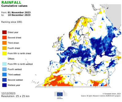 Europakarte mit farblicher Markierung der Aushärtungsstadien von Winterweizen, basierend auf Wetterdaten bis zum 10. Dezember 2023. USA Russland Weizenpreise