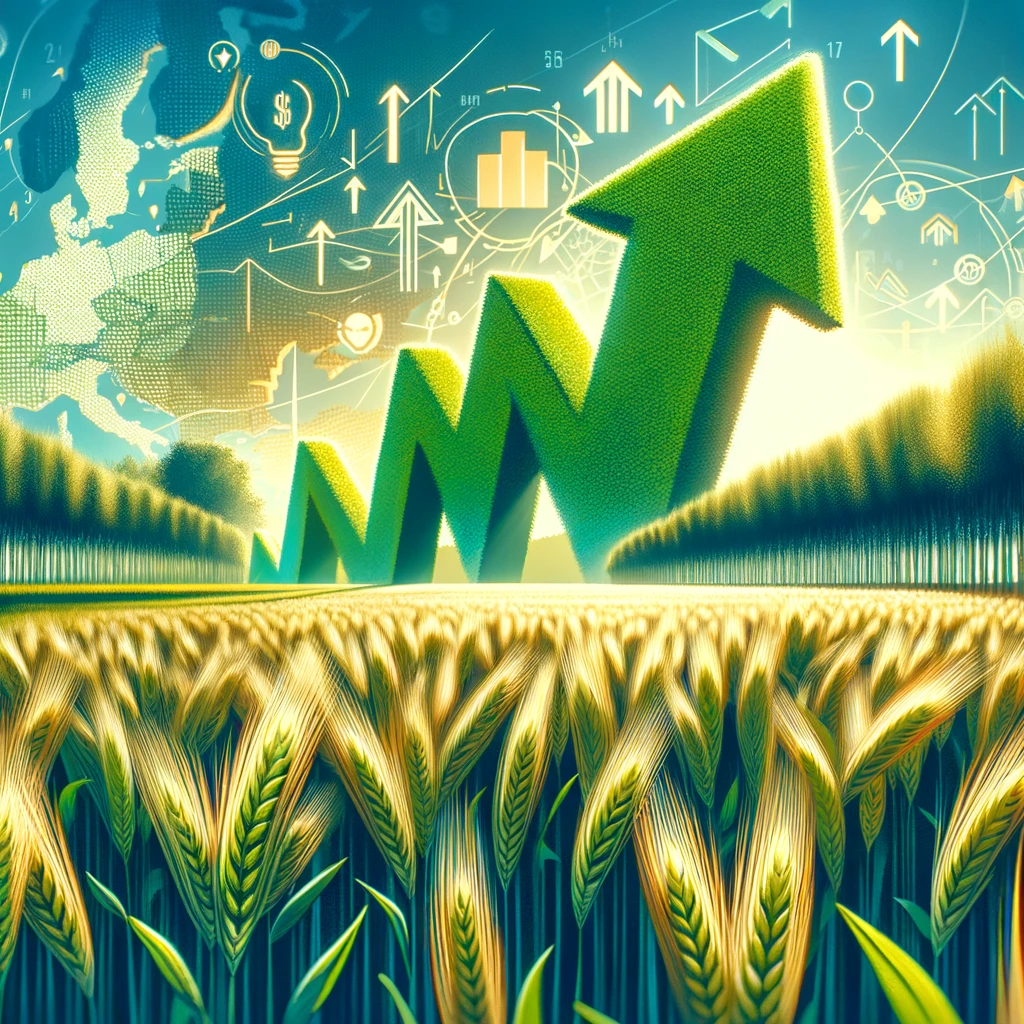 Ein Gerstenfeld unter einem steigenden Wirtschaftspfeil, symbolisch für die Zunahme der Gerstenanbaufläche und die daraus resultierenden Markttrends.