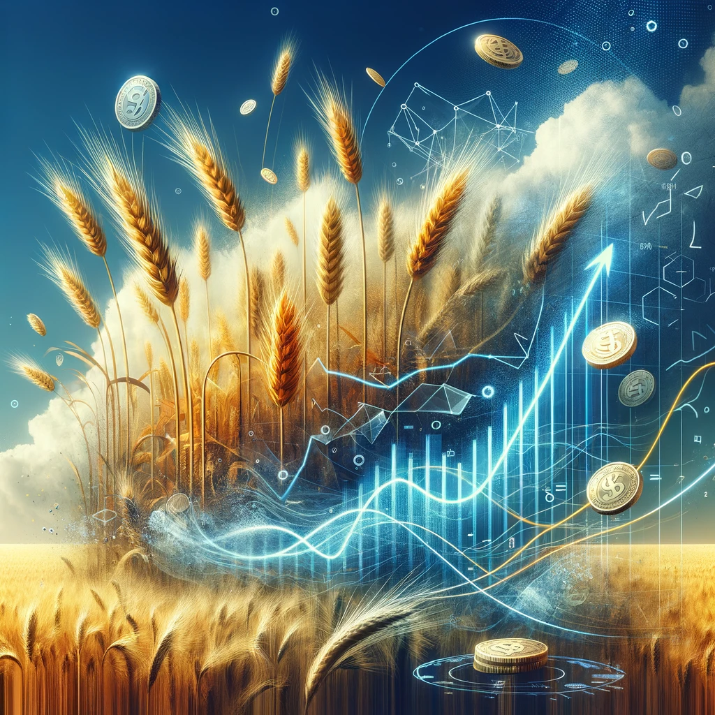 Digitale und finanzielle Konzepte verschmelzen mit Getreideähren, um die Verbindung zwischen Landwirtschaft und Marktdynamik zu illustrieren.