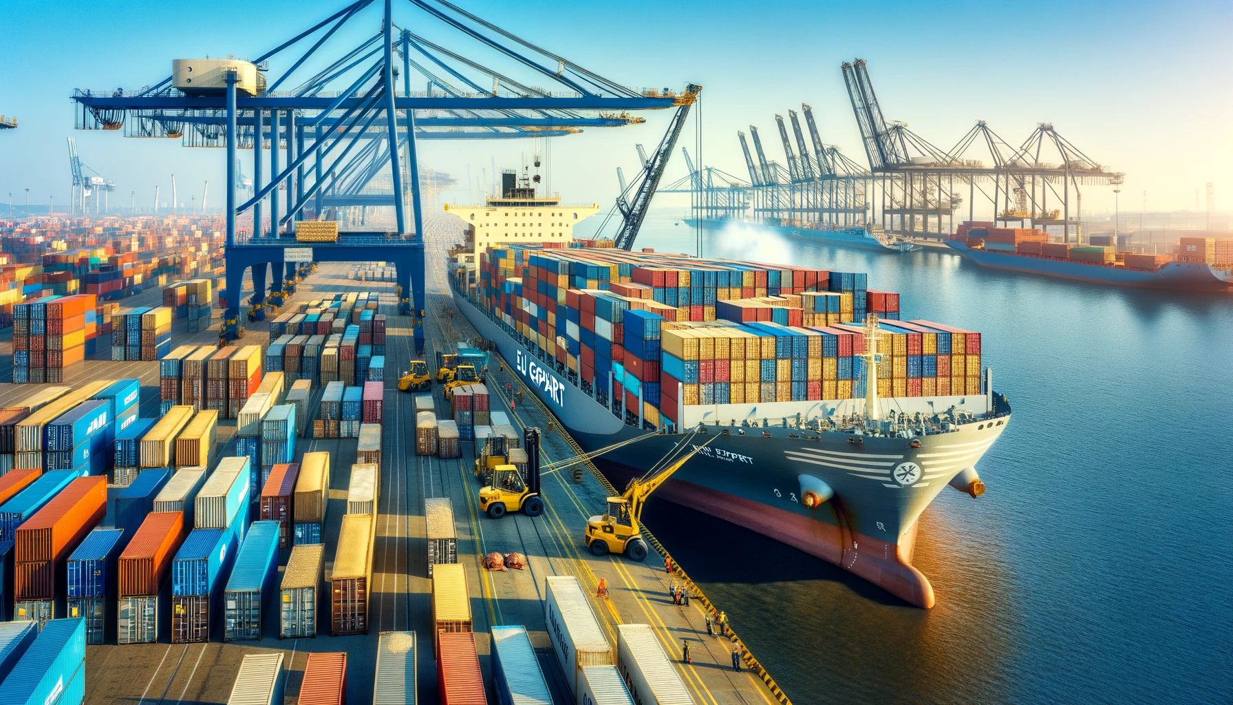 Containerfrachtschiff im Hafen, symbolisiert globale Agrarmärkte und Handelsdynamik.