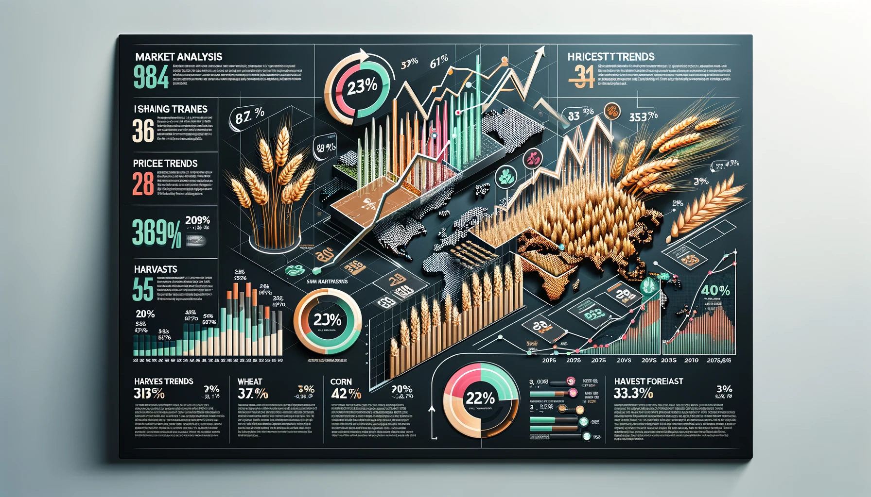 Beispiel Infografik mit Marktanalyse-Daten und -Trends im Agrarsektor, einschließlich verschiedener Diagrammtypen, die Ernteerträge und Preistendenzen von Getreide visualisieren.