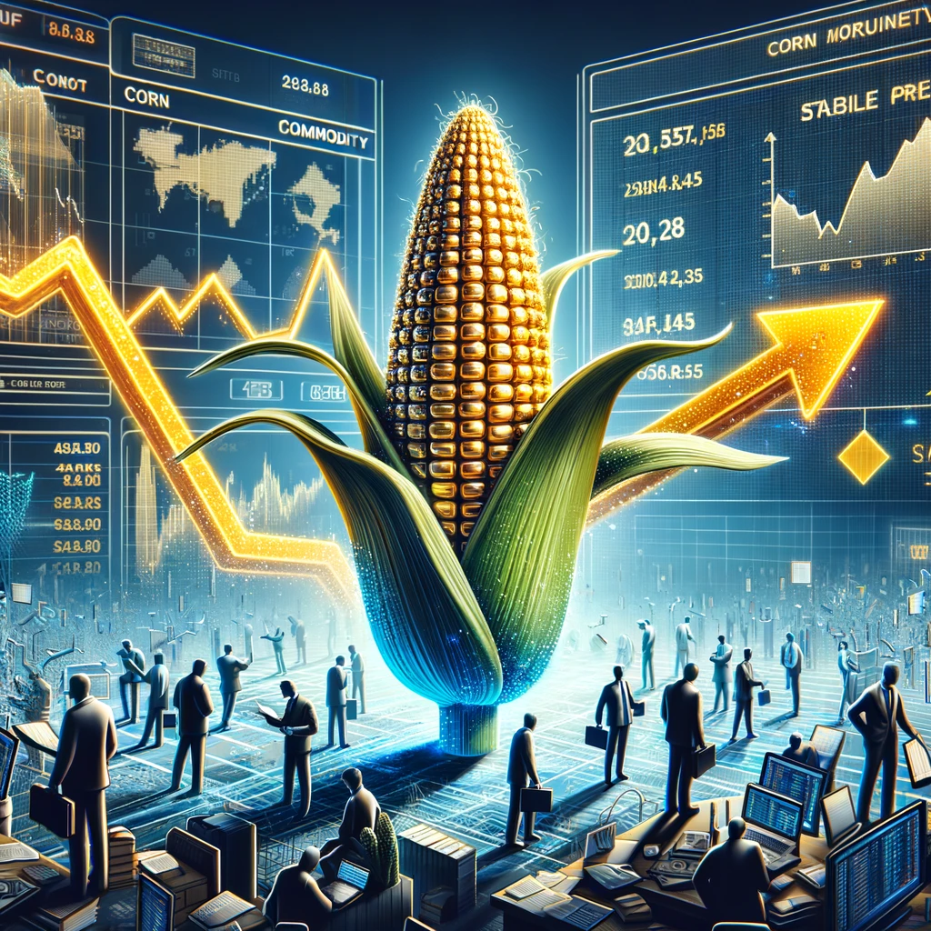 Illustration eines Maiskolbens im Zentrum des Agrarmarktes, umgeben von Finanzdiagrammen und Handelsaktivitäten, die die Marktvolatilität und -stärke widerspiegeln.