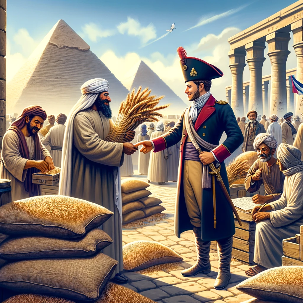 Handelsaustausch von Weizensäcken zwischen historischen Figuren in Ägypten mit Pyramiden im Hintergrund Handelsaustausch von Weizensäcken zwischen historischen Figuren in Ägypten mit Pyramiden im Hintergrund