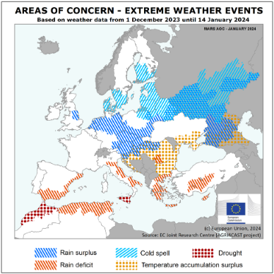Interaktive Karte von Europa, die Gebiete mit extremen Wetterbedingungen wie Überschuss und Defizit an Niederschlag, Kälte und Dürre markiert.
