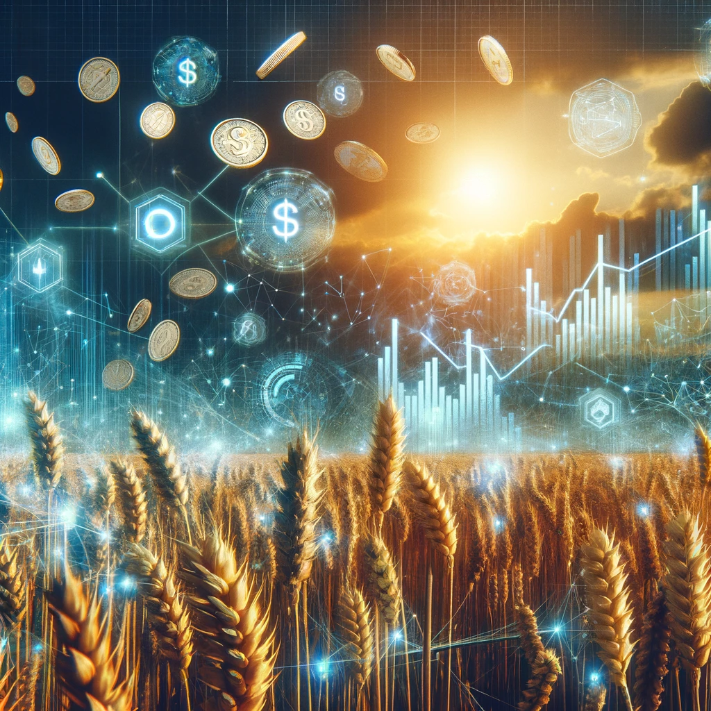 Weizenfeld mit holographischen Wirtschaftsdiagrammen und schwebenden Münzen, die Landwirtschaft und digitale Technologie vereinen. USDA-Bericht, Maiskorrekturen, Sojaanpassungen