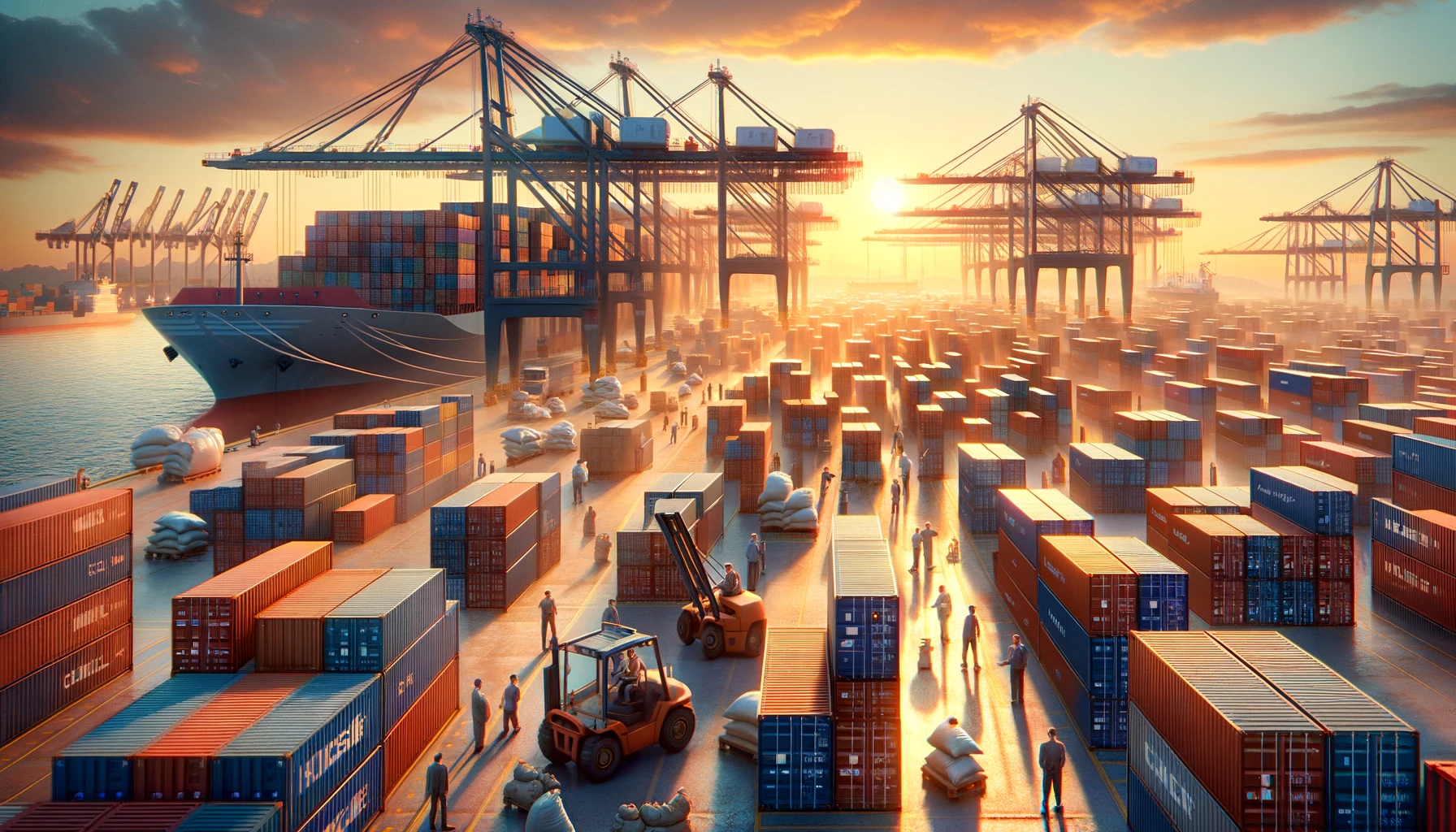 Agrarrohstoffhandel im Hafen - Containerverladung bei Sonnenuntergang als Metapher für Marktaktivität USDA-Bericht Rapspreis Weizenproduktion Sojabohnenpreis