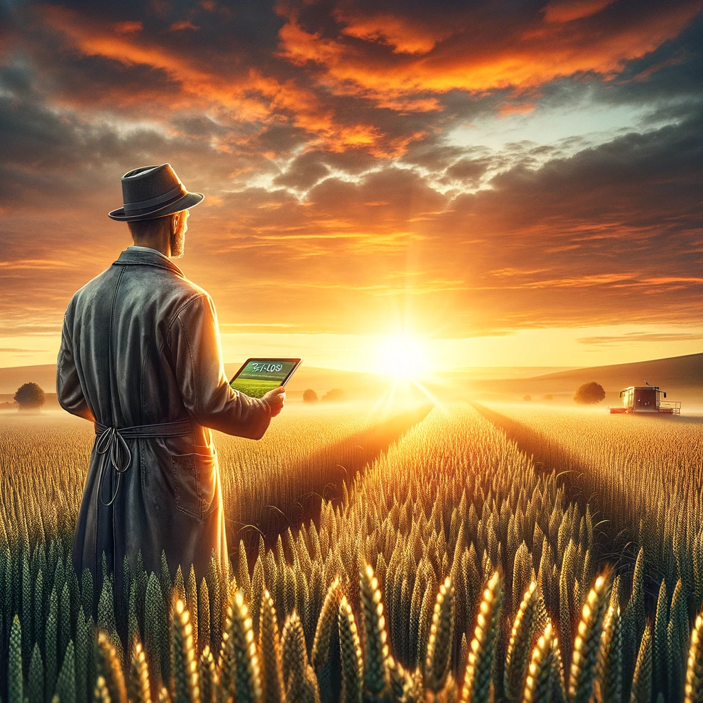 Landwirt in traditioneller Kleidung betrachtet ein Tablet im goldenen Weizenfeld bei Sonnenaufgang Weizenpreise