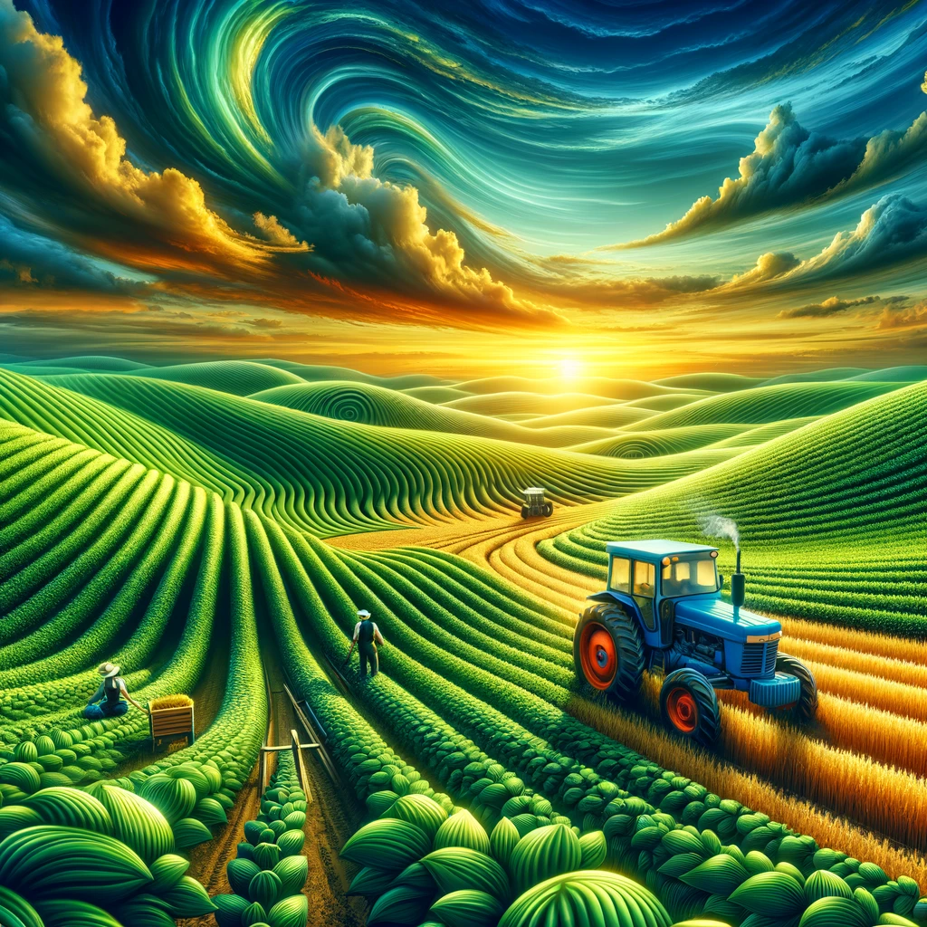 Agrarlandschaft bei Sonnenuntergang mit rollenden Hügeln, Arbeitern und einem Traktor, der die Ernte bearbeitet, symbolisch für Wachstum und Naturschönheit. Weizenpreis Exportzahlen Kassamarkt Trockenheit