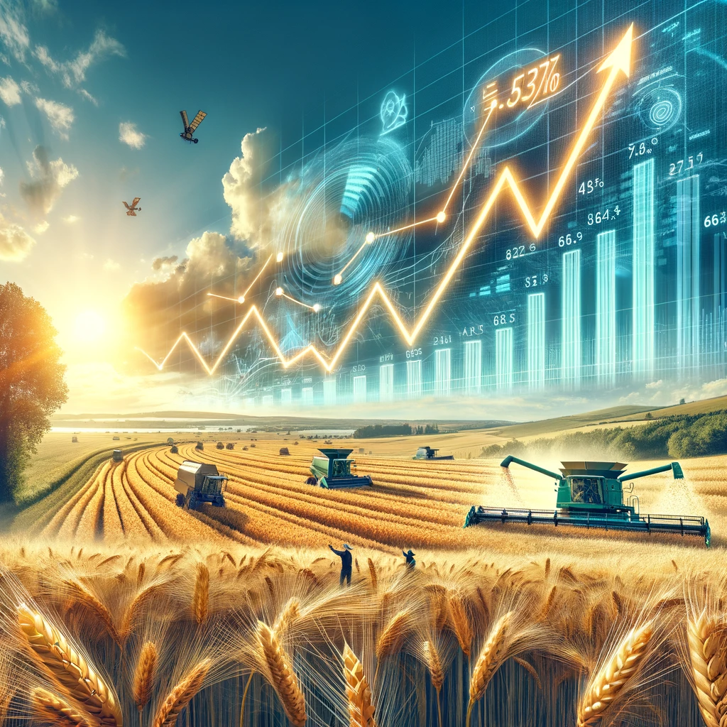 Idyllische Szene der Sommergerstenernte in der EU mit landwirtschaftlichen Maschinen bei der Arbeit, integrierten grafischen Darstellungen zum Ertragswachstum und Ernteerwartungen gemäß Cocerals Prognose.
