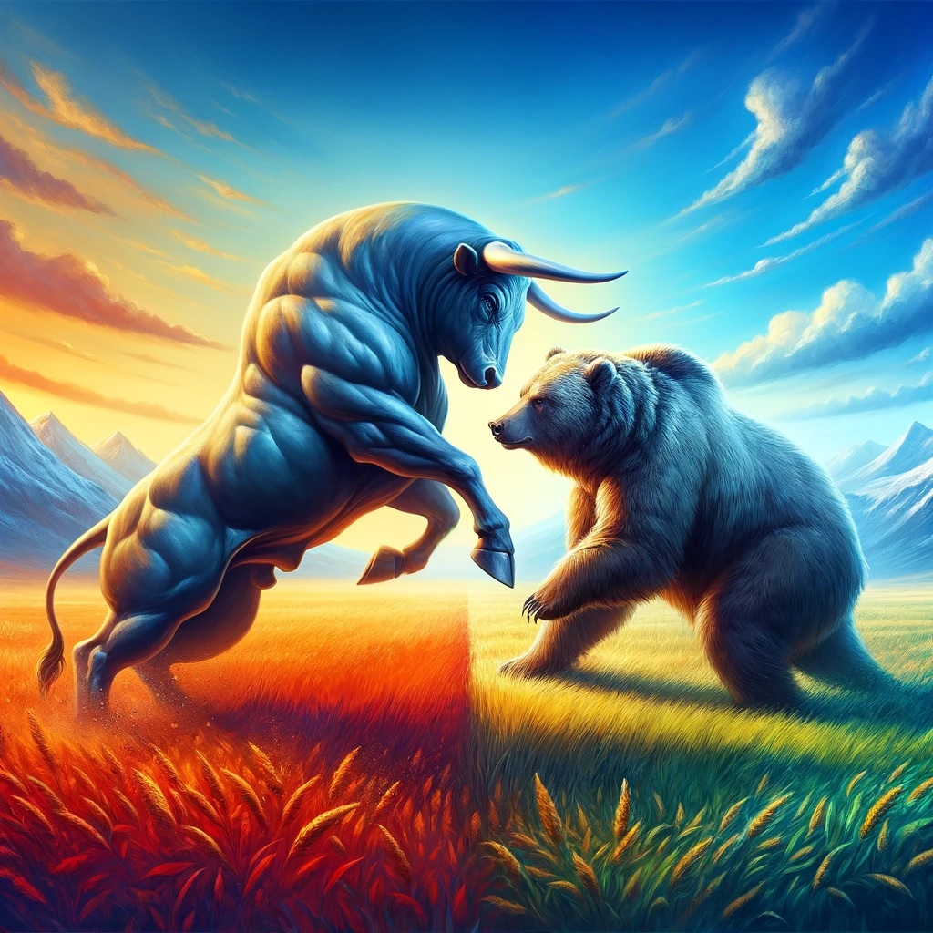 Ein muskulöser Stier und ein mächtiger Bär stehen sich in einem symbolischen Kampf unter einem dramatischen Himmel gegenüber, der die Dynamik der Agrarrohstoffmärkte darstellt. Weizenpreise, Sojabohnen, Rapspreis, Agrarrohstoffmärkte