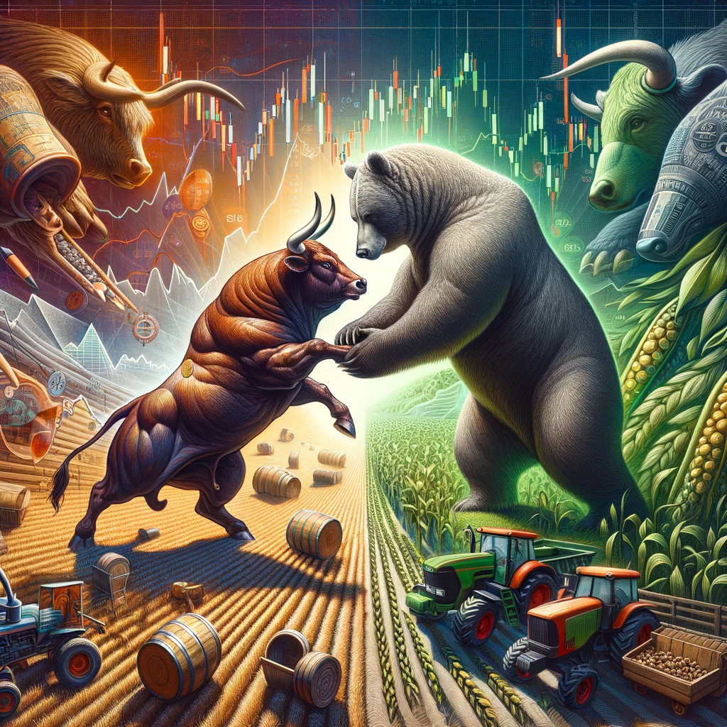 Surreales Bild von einem Bullen und einem Bären, die sich auf einem Weizenfeld gegenüberstehen, mit einer futuristischen Skyline im Hintergrund. Agrarmarkt, Maispreis, SRW-Weizen, Safrinha-Ernte