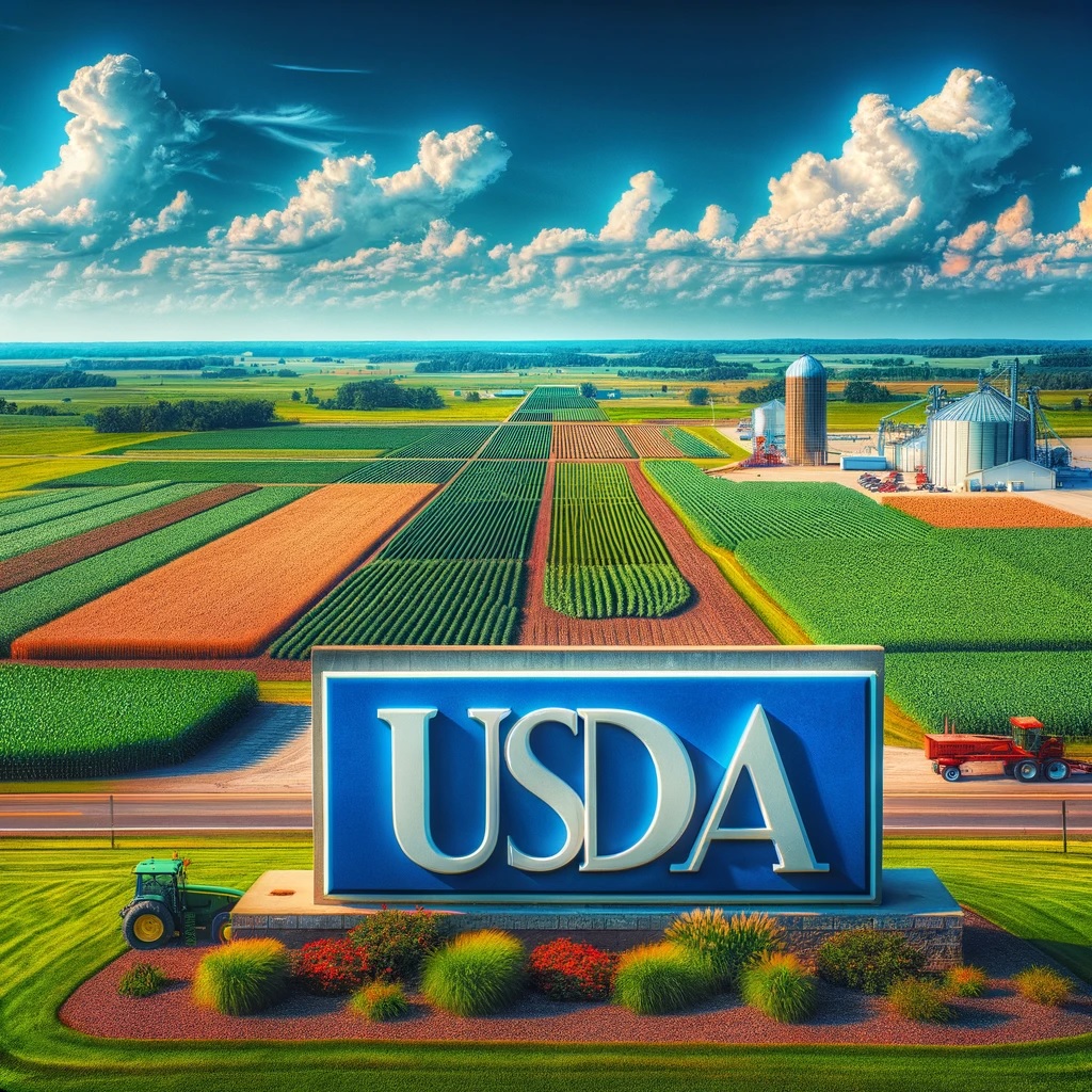 Luftaufnahme der US-Landwirtschaft mit USDA-Schild, repräsentativ für die bevorstehenden Anbauflächenberichte. Weizenpreise, Unterstützung, Flächenbericht USA, Maisprämien