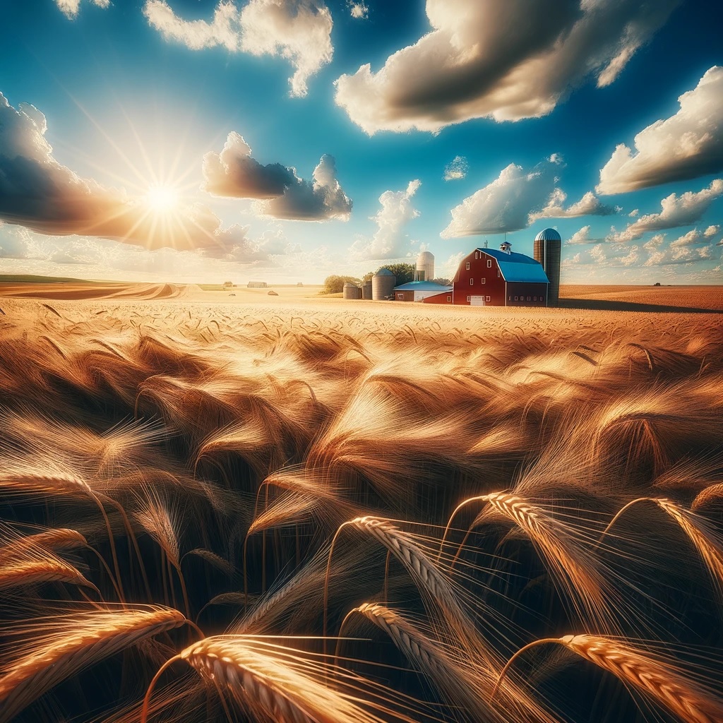 Weizenfeld bei Sonnenuntergang mit Bauernhof im Hintergrund, symbolisiert Agrarmarkttrends. Weizenpreis Trendwende HRW-Weizen Kansas Rapspreis Widerstand Mais Marktkorrektur