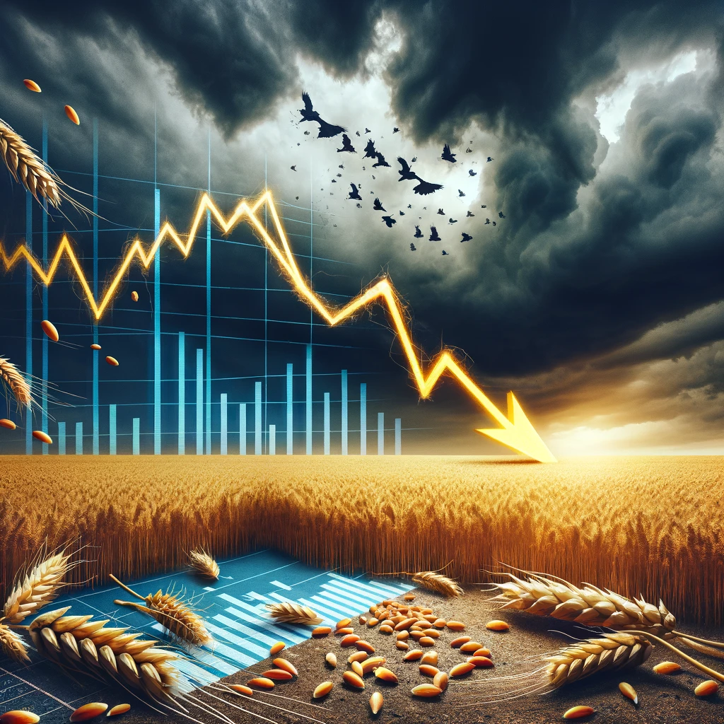 Gewitterstimmung am Agrarmarkt: Volatilität und Preisschwankungen illustriert durch ein Weizenfeld und eine fallende Trendlinie. Agrarmarkt Fondsverkäufe Ernteerwartungen Kassamarkt