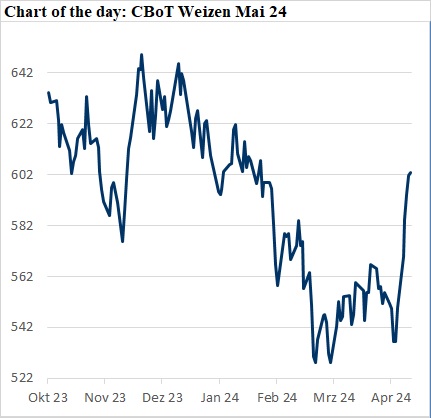 Linienchart mit der CBoT Weizenpreisentwicklung von Oktober 2023 bis April 2024, inklusive steigendem Trend im April 2024. Linienchart mit der CBoT Weizenpreisentwicklung von Oktober 2023 bis April 2024, inklusive steigendem Trend im April 2024."
