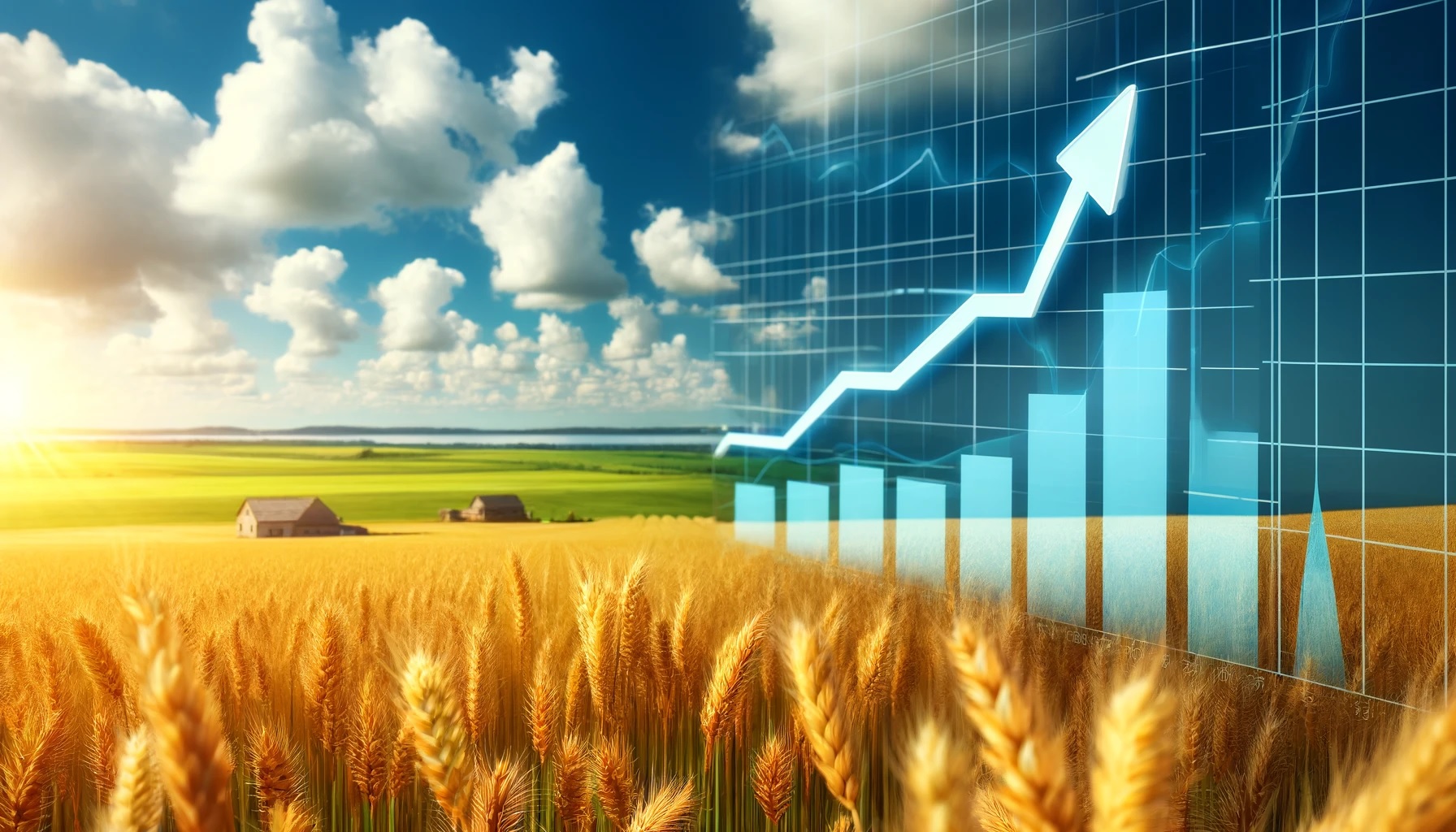 Das Bild zeigt ein reifes Weizenfeld mit einem eingeblendeten Kursdiagramm, das die jüngsten Preisschwankungen darstellt. Die blühenden Weizenähren symbolisieren die Erholung des Weizenpreises nach einem Rückgang Agrarrohstoffe