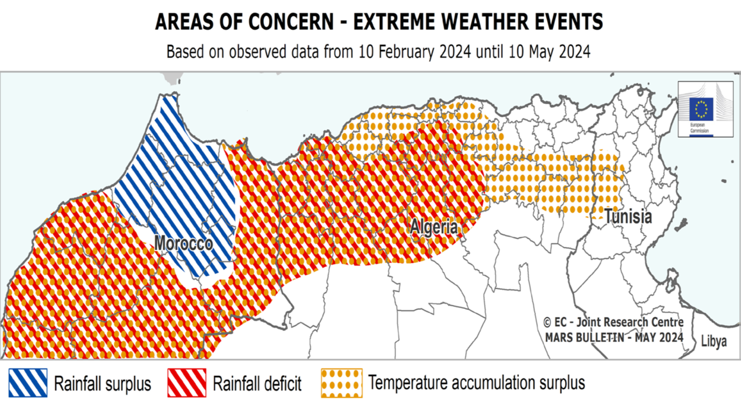 Karte der extremen Wetterereignisse in Nordafrika mit Fokus auf Trockenheit und deren Auswirkungen auf die GetreideproduktionTrockenheit Nordafrika Getreideproduktion MARS-Bulletin Wetterereignisse
