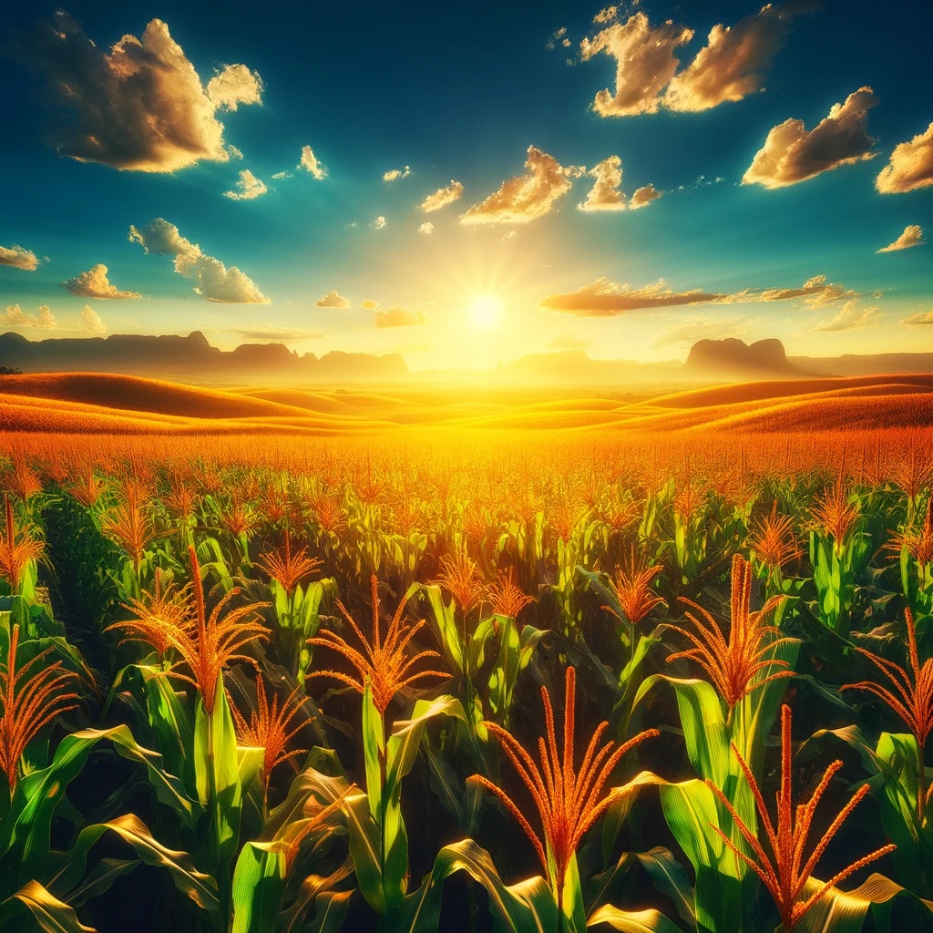 Ertragreiches Maisfeld bei Sonnenuntergang, symbolisiert die Stärke der Landwirtschaft.