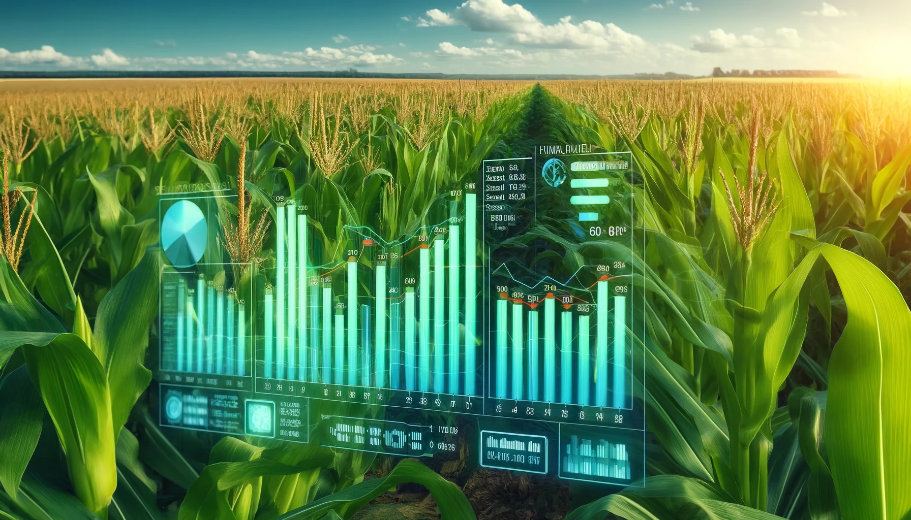 Maisfeld mit überlagerten digitalen Diagrammen, die aktuelle Marktentwicklungen und Preisanalysen im Agrarrohstoffmarkt darstellen.