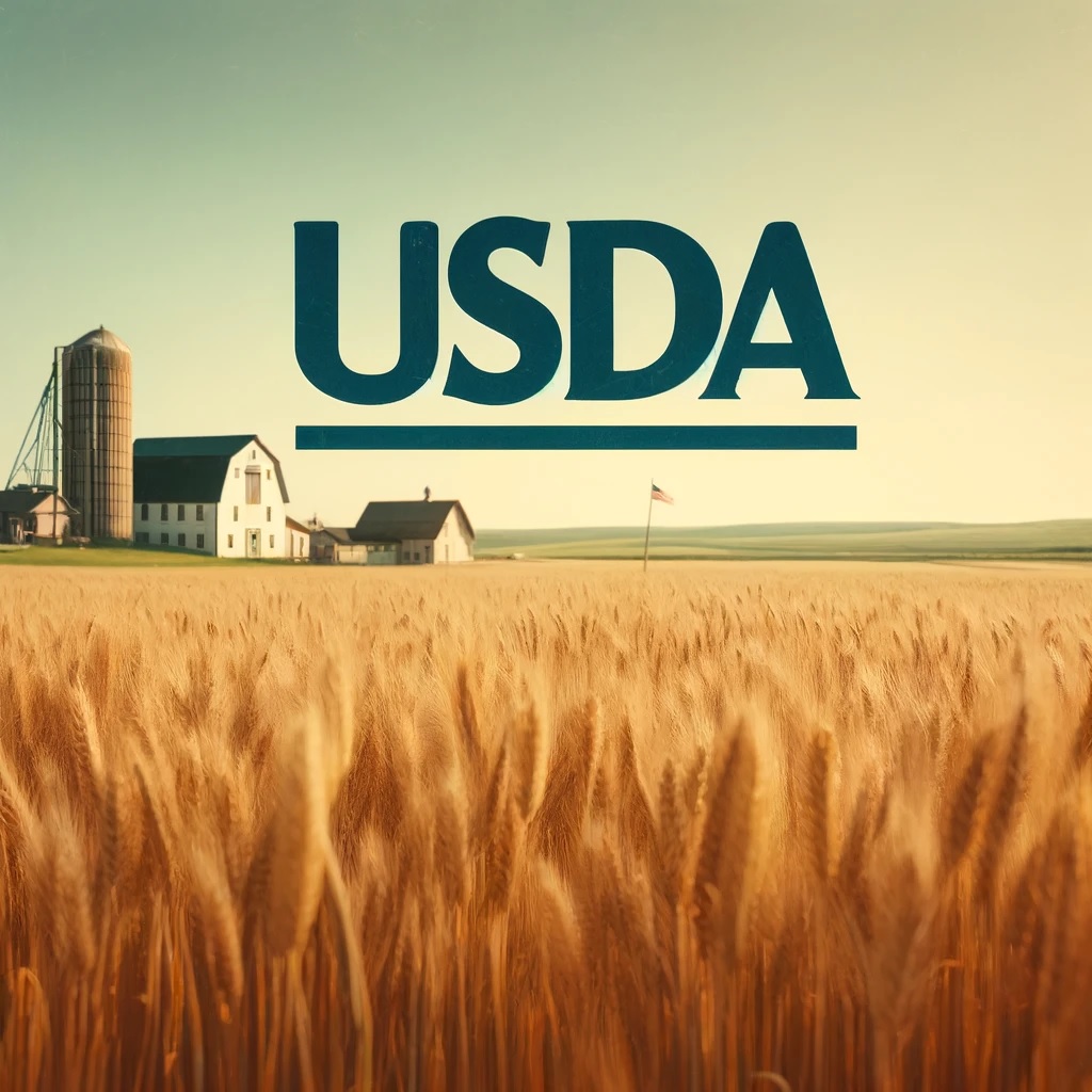 Ein weitläufiges Weizenfeld in den USA, mit einem Bauernhof und Silo im Hintergrund. Der USDA-Schriftzug ist im Himmel über dem Feld sichtbar. Weizenpreise USDA-Bericht EU-Exporte Rapspreise