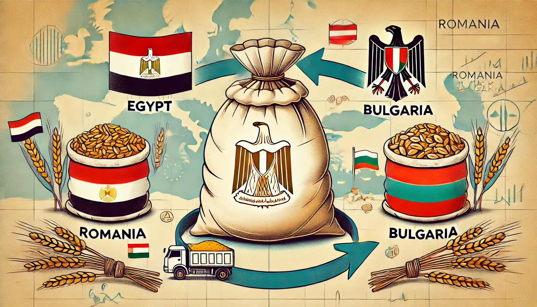 Illustration der Weizenlieferungen zwischen Ägypten, Bulgarien und Rumänien