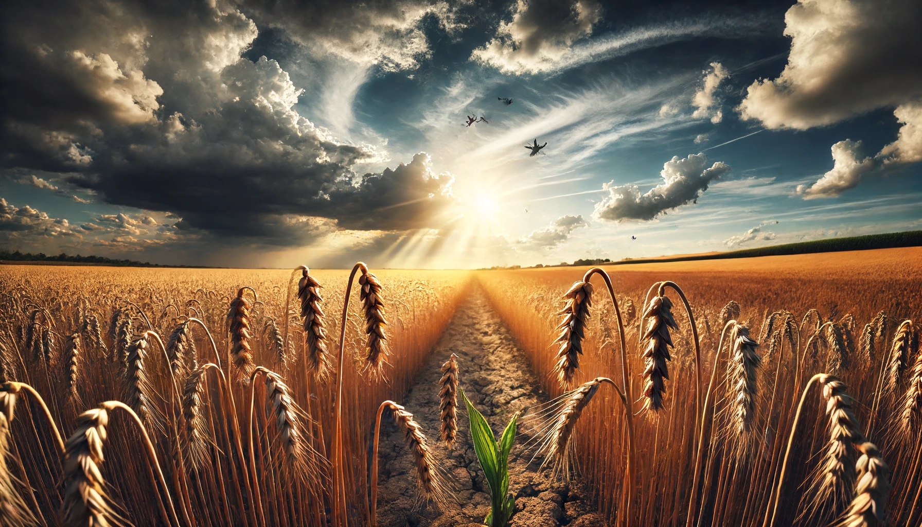 Reifes Weizenfeld bei sonnigem Wetter mit trockenen Feldern im Hintergrund, Mais- und Rapsfelder, Bauern bei der Ernte Agrarrohstoffmarkt USDA-Bericht Weizenpreise Maispreise