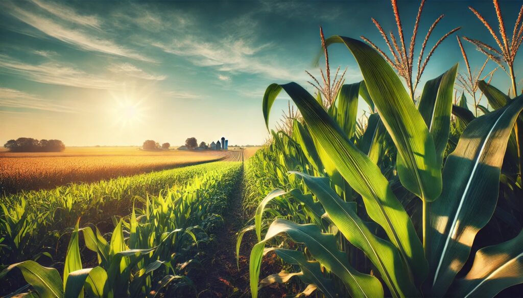 Weizen- und Maisfelder im Sonnenaufgang mit klarer Himmel und Silos im Hintergrund. Weizenpreise Maismarkt Cbot Matif