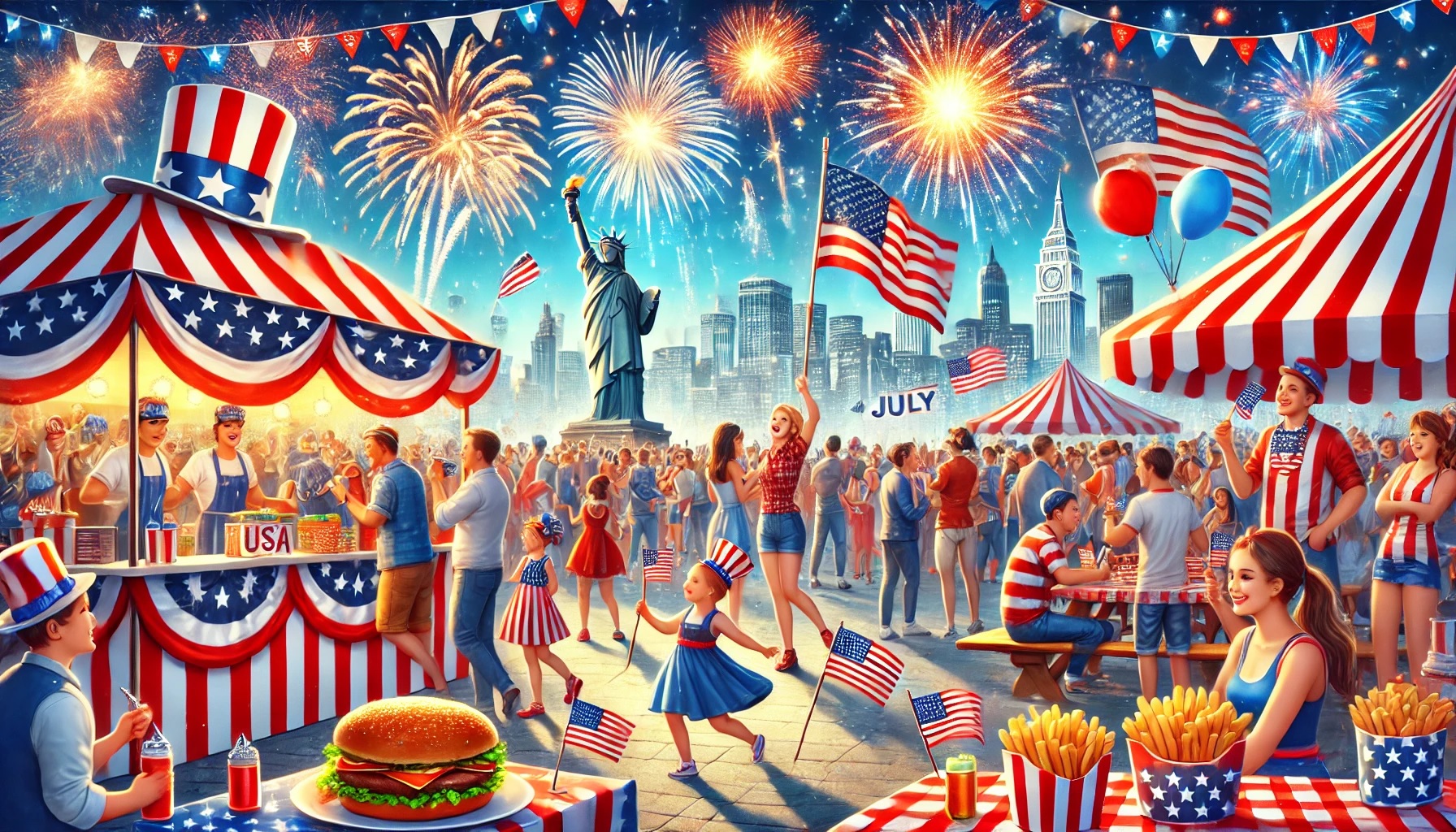 Das Bild zeigt die lebhaften Feierlichkeiten zum 4. Juli in den USA mit buntem Feuerwerk, Menschen in patriotischen Outfits und Ständen mit amerikanischen Flaggen. US-Markt, Fonds, Shortpositionen, Rapskurse, Matif
