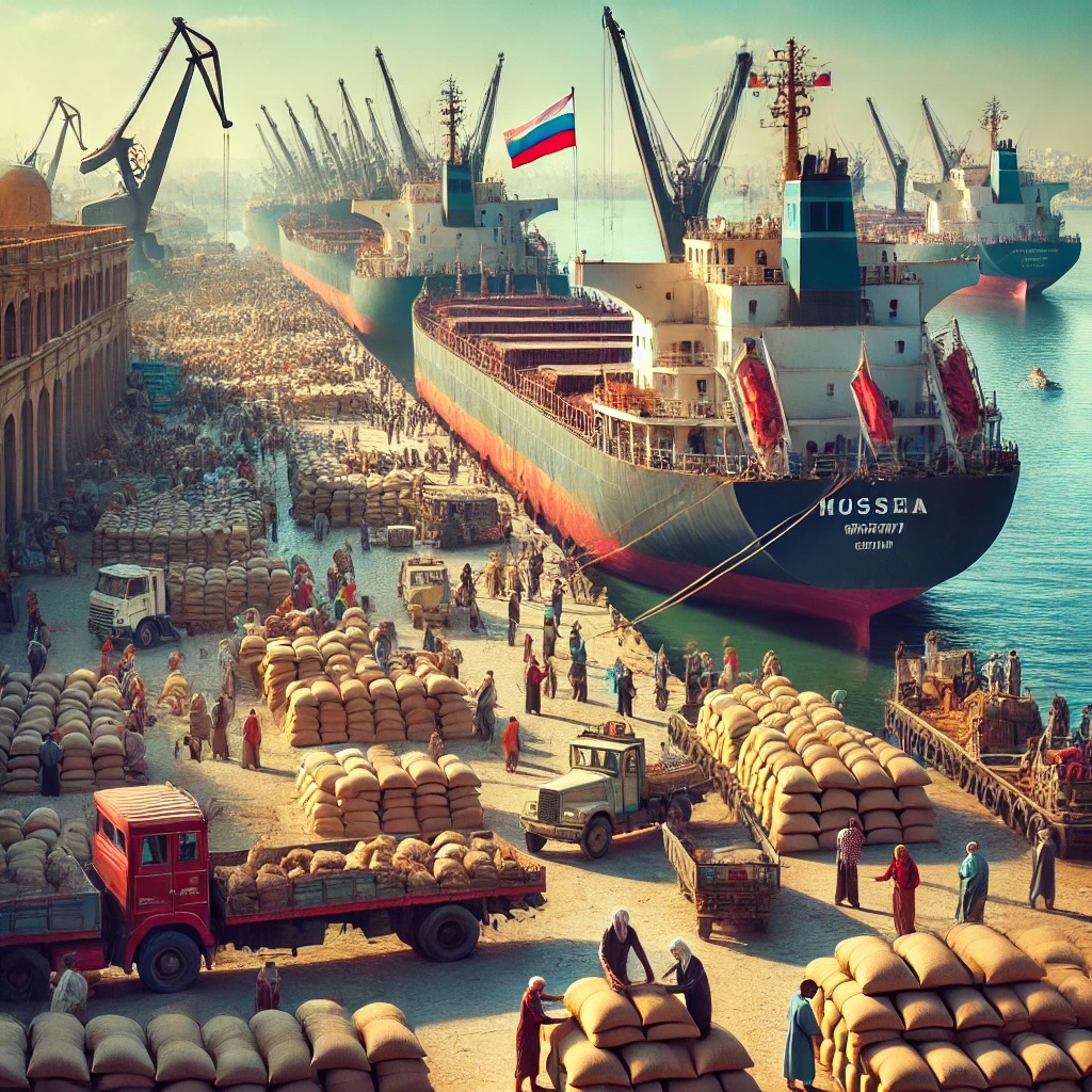 Weizenverladung im Hafen mit Frachtschiffen und Arbeitern, Ägypten kauft 770.000 Tonnen Weizen.