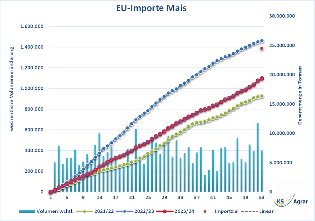 Diagramm zeigt die wöchentlichen und gesamten Maisimporte in die EU-27 im Vergleich der Saisons 2021/22, 2022/23 und 2023/24.