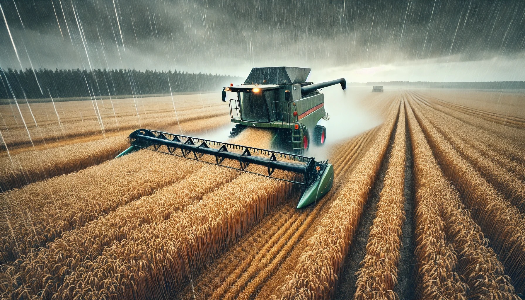 Ein Mähdrescher erntet Weizen in einem Feld während eines starken Regenschauers. HRW-Weizen, Maispreise, USDA-Schätzungen, Wetterbedingungen, Marktspekulationen