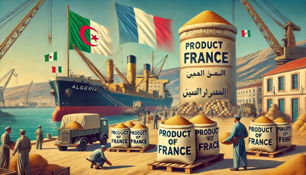 Frachtschiff mit Weizenprodukten aus Frankreich im Hafen von Algerien, umgeben von Weizensäcken und Arbeitern. Weizenmarkt, HRW-Weizen, Sommerweizen, Ernte, Importeure, Kassamarkt