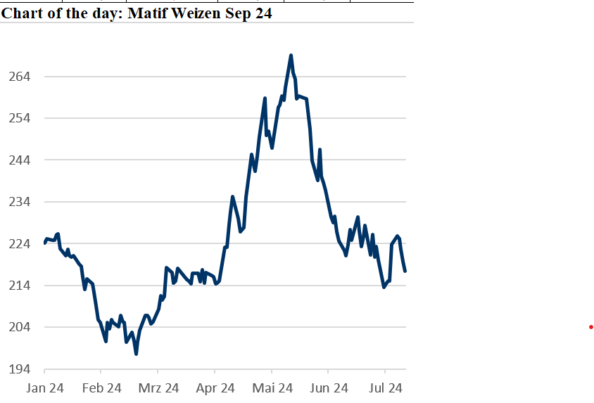 Kursentwicklung des September-Weizens an der Euronext von Januar bis Juli 2024.