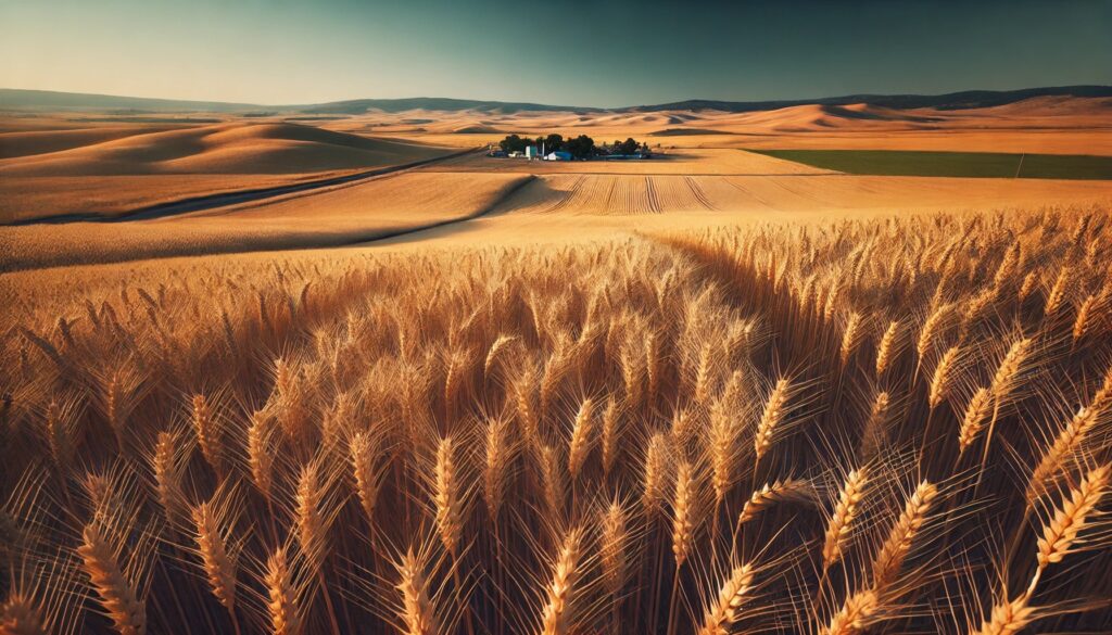Weite Weizenfelder im mittleren Westen der USA unter blauem Himmel, symbolisch für die aktuellen Wetterbedingungen und deren Einfluss auf die Ernte. Weizenmärkte, Sojabohnenpreise, Ernteprognosen, Trockenheit,