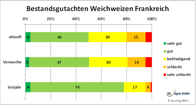 Diagramm der Bestandsbewertungen für Weichweizen in Frankreich, das aktuelle Daten mit der Vorwoche und dem Vorjahr vergleicht.