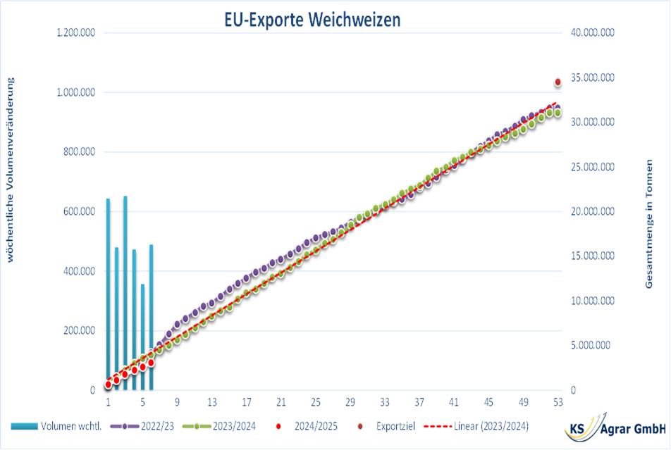 Diagramm der EU-Weichweizenexporte im Vergleich der Saisons 2022/23, 2023/24 und 2024/25, inklusive wöchentlicher Volumenveränderung und Exportziele.