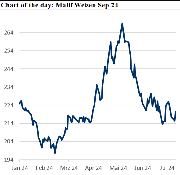 Preisentwicklung von Matif-Weizen September 2024 zeigt nach einer Verlustserie eine deutliche Erholung.