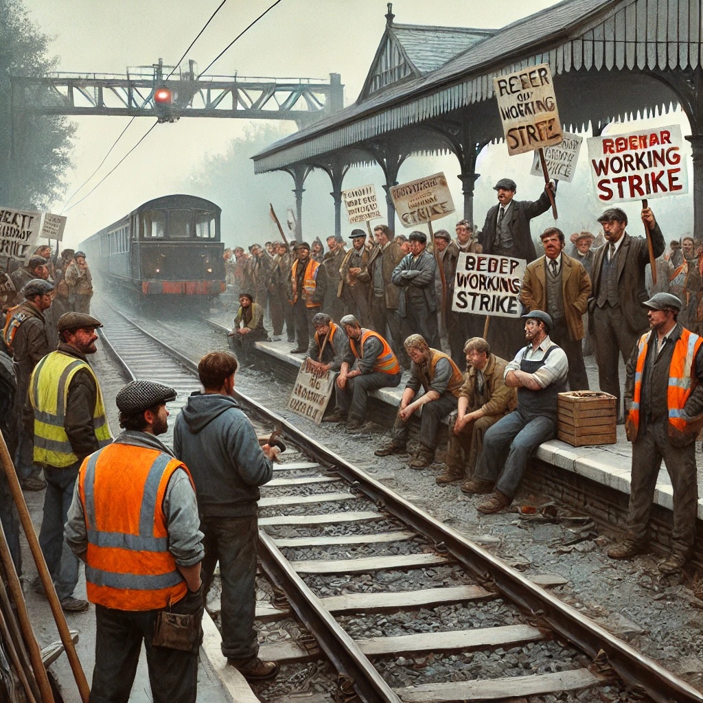 Arbeiter am Bahnhof protestieren mit Schildern während eines Bahnstreiks in Kanada, ein Zug steht still.