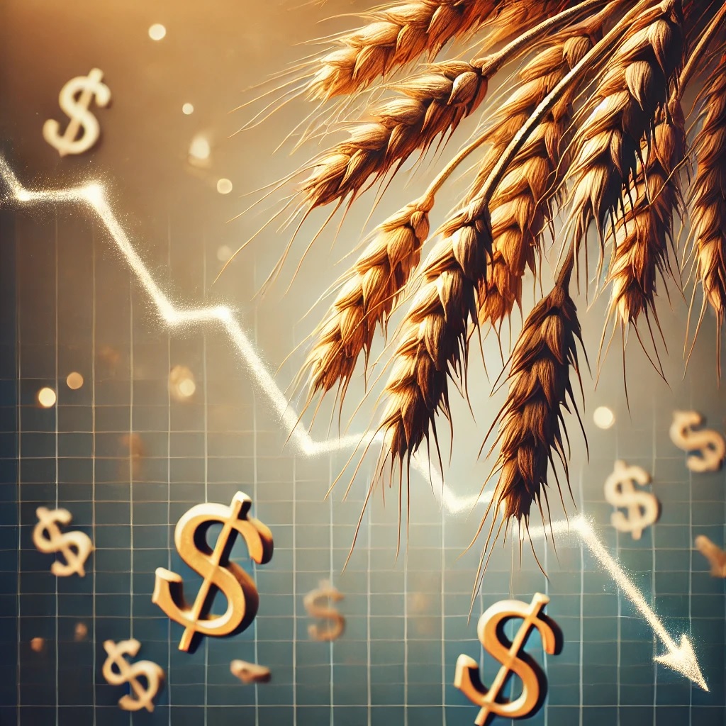 Weizenähren und fallende Dollarzeichen auf einem Diagramm, das den Preisrückgang bei Weizen und Mais symbolisiert. Weizenpreise, Maispreise, USDA-Bericht, WASDE