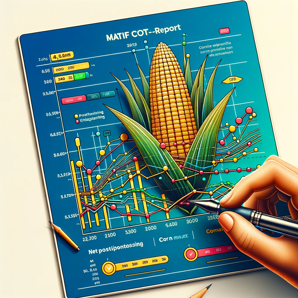 MATIF COT-Report zeigt Marktanalyse der Maispreise mit einem großen Maiskolben im Zentrum und Daten zur Preisentwicklung. MATIF COT-Report Maispreis Weizenmarkt USDA-Bericht Trockenheit USA