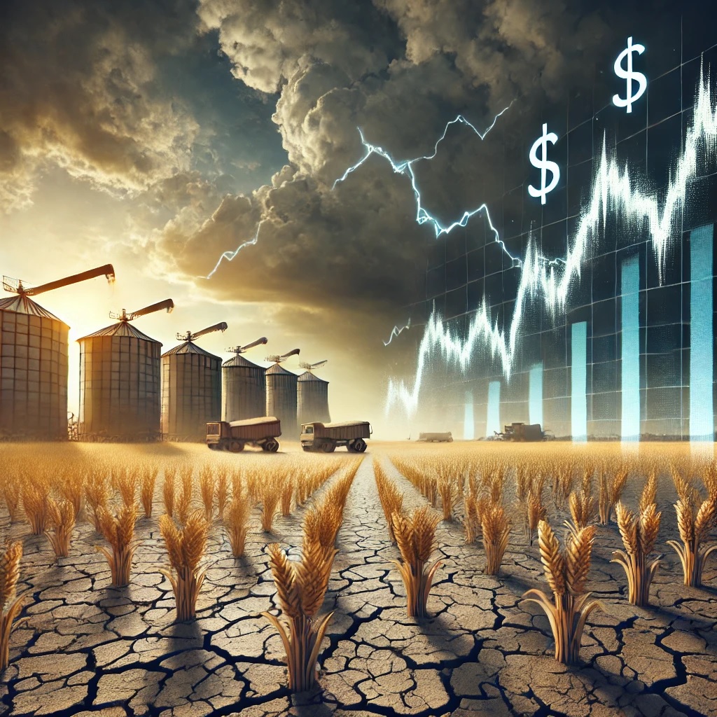 Darstellung des Weizenmarktes mit Weizenfeldern, Finanzchart, verschlossenen Lagerhäusern und Symbolen für Trockenheit und Wetterprobleme. Weizenmarkt, Matif Spread, Monopolstruktur Lagerraum, Kassamarkt EU, Weizenpreise, Schwarzmeer Trockenheit, Weizenexporte Russland.