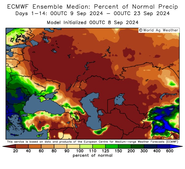 Niederschlagsprognose Karte für Europa und Russland vom 9. bis 23. September 2024 mit Bereichen unterdurchschnittlicher und überdurchschnittlicher Niederschläge. Weizenpreis, Weizenernte, IKAR, US-Weizenexporte