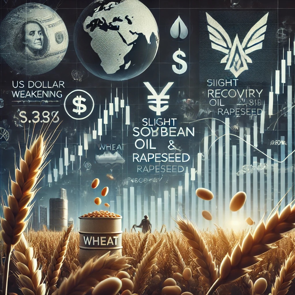 Grafik zu globalen Agrarrohstoffmärkten mit Fokus auf Weizen, Sojabohnenöl und Rapsöl sowie fallendem US-Dollar. Weizenmarkt, russische Weizenexporte, französische Weizenernte, Sojabohnen, Agrarrohstoffe