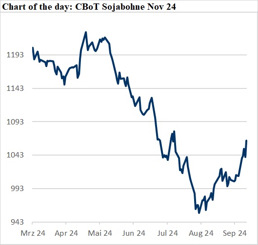 Chart zeigt die Preisentwicklung der CBoT Sojabohnen Futures November 2024 mit einer deutlichen Aufwärtsbewegung im September. Sojabohnen November 2024 CBoT Sojabohnen Futures Fondsaktivitäten