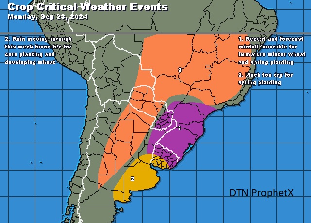 Eine Wetterkarte zeigt kritische Wetterereignisse in Südamerika, die für die Entwicklung von Weizen und Mais wichtig sind.