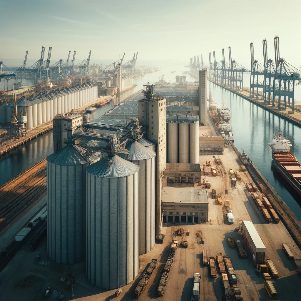 Großes Getreidesilo an einem Hafen mit Schiffen und Kränen im Hintergrund. Weizenpreis, Matif, Rapspreis, Kassamarkt, WASDE-Bericht